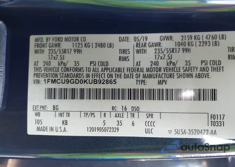 2019 Ford Escape Se из США, поврежденный, VIN 1FMCU9GD0KUB92865